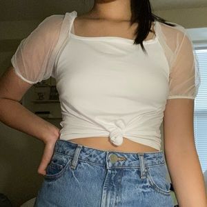 White Mesh Sleeve Top